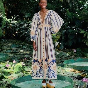 FARM Rio Beige and Blue Long Sleeve Dress